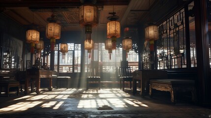 A softly lit Chinese interior with ornate wooden furniture and delicate paper lanterns hanging from...