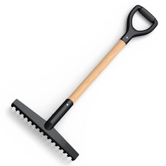 Garden rake with wooden handle for harvesting hay on white background.