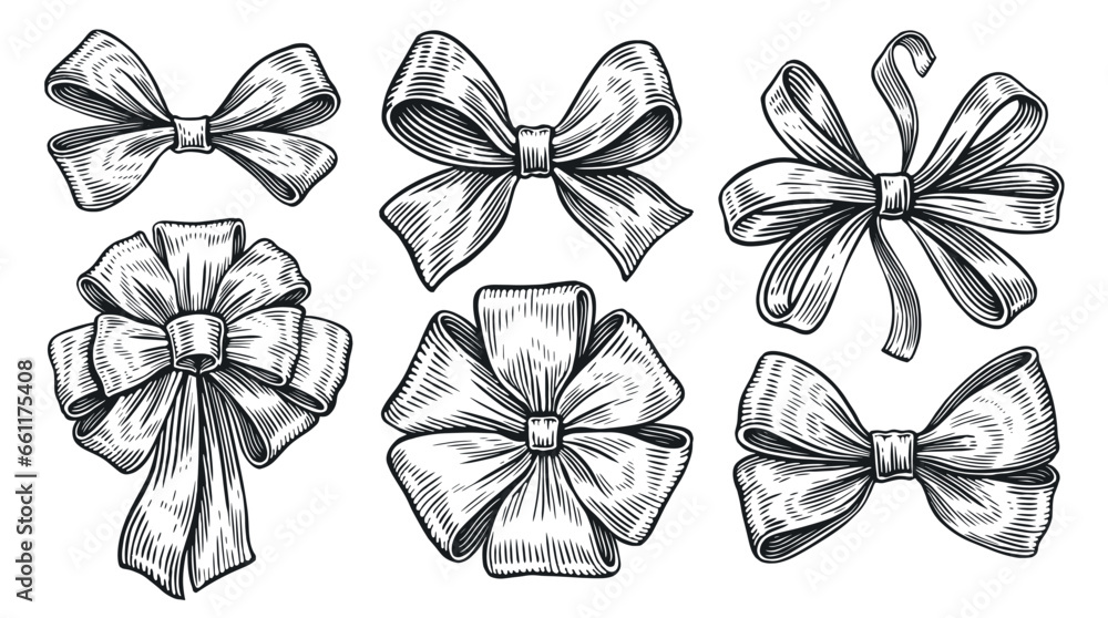 Wall mural Set of festive ribbon bows. Design elements for decoration. Vintage sketch vector illustration engraving style