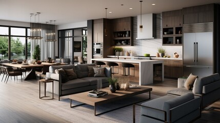 A spacious open-concept living room and kitchen with modern appliances.