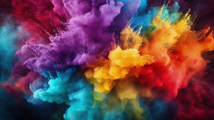 Fototapeta na wymiar Vibrant colored powder explosion in closeup. Abstract dust on a backdrop with colorful bursts.