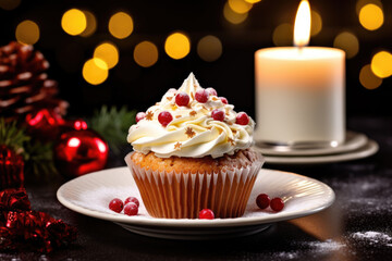 Christmas cupcake on Christmas decorated festive table