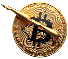 A photo-realistic image of a gold Bitcoin dabbing. The Bitcoin has a “B” in the center with lines radiating out from it. Perfect for anyone who loves cryptocurrency in a fun and unique way.