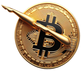 A photo-realistic image of a gold Bitcoin dabbing. The Bitcoin has a “B” in the center with lines radiating out from it. Perfect for anyone who loves cryptocurrency in a fun and unique way.