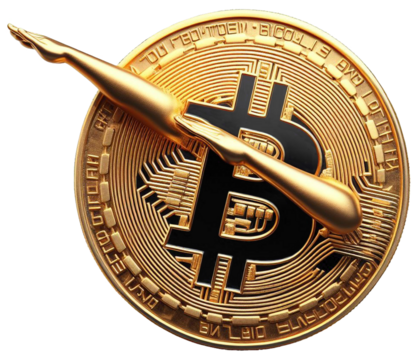 A photo-realistic image of a gold Bitcoin dabbing. The Bitcoin has a “B” in the center with lines radiating out from it. Perfect for anyone who loves cryptocurrency in a fun and unique way.