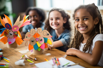 Group of happy smiling children doing arts and crafts projects