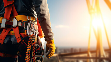 Work on high-altitude equipment. Fall arrest device for worker with safety belt hooks