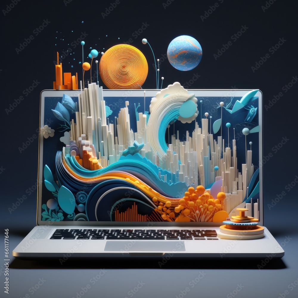 Poster a laptop computer with a digital art design on the screen. generative ai.