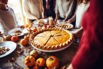 Thanksgiving family dinner. Traditional apple pie and vegan meal close up, with blurred happy people around the table celebrating the holiday