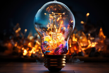 Depicting a creative explosion of colored light bulbs with shards and paint, symbolizing a burst of creative ideas.  Generative Ai.
