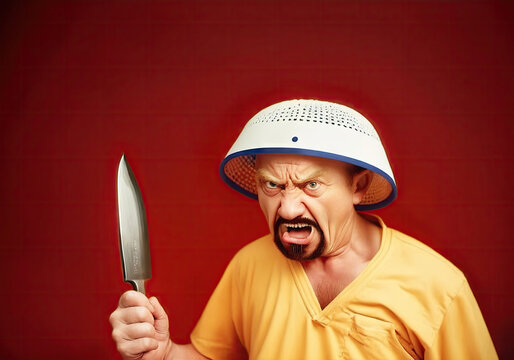 A funny portrait of an ugly angry crazy man, mad, horribly insane, with a colander on his head and holding a big knife, looking at the camera.
