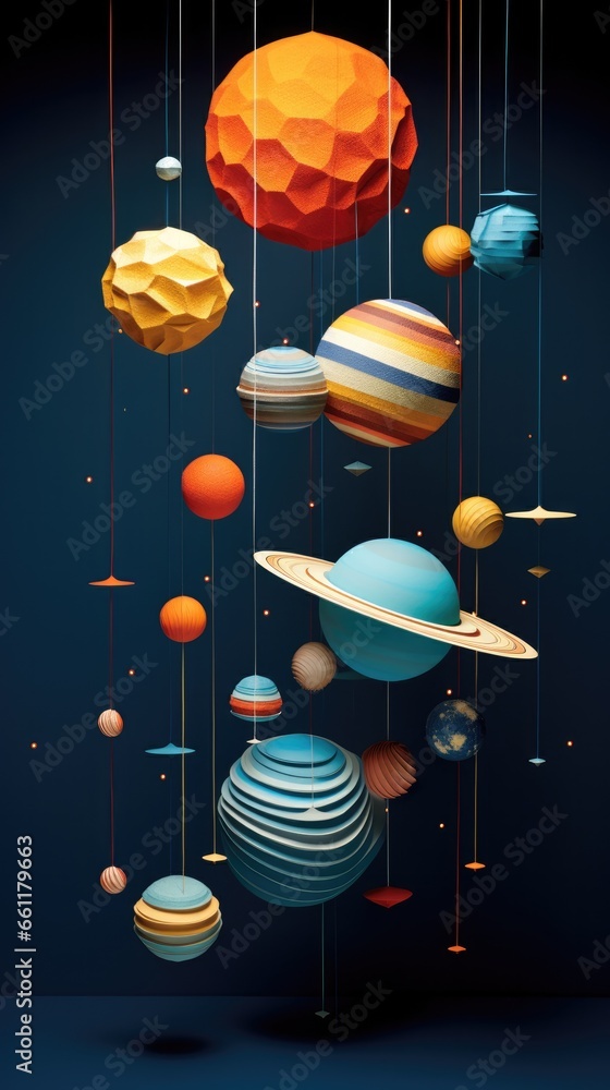 Aufkleber a group of planets hanging from strings. solar system. generative ai.