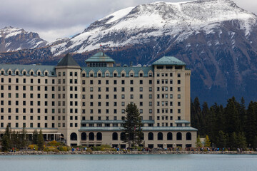 Beautiful landscape, Fairmont Chateau Lake Louise, White Snow Mountain in Banff National Park, Canada