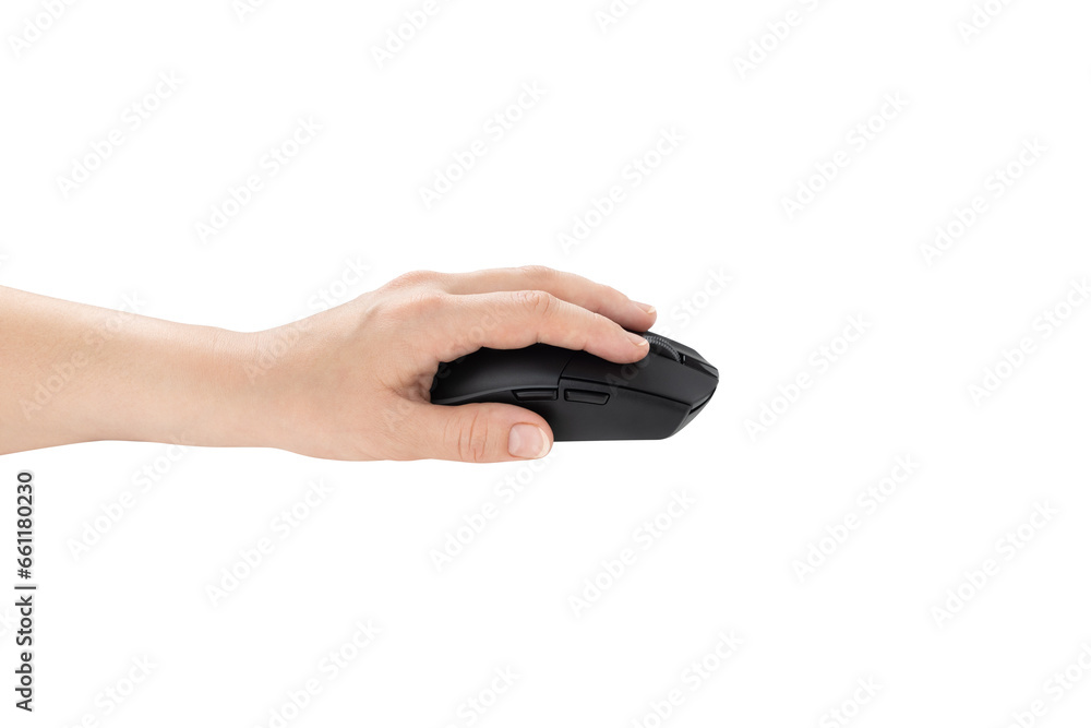Poster computer mouse on a white background. wireless computer mouse in hand closeup isolated on white back
