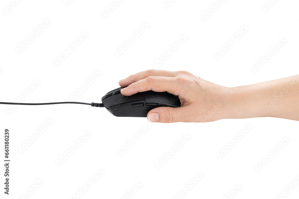 Poster computer mouse on a white background. wired computer mouse in hand close-up isolated on white backgr