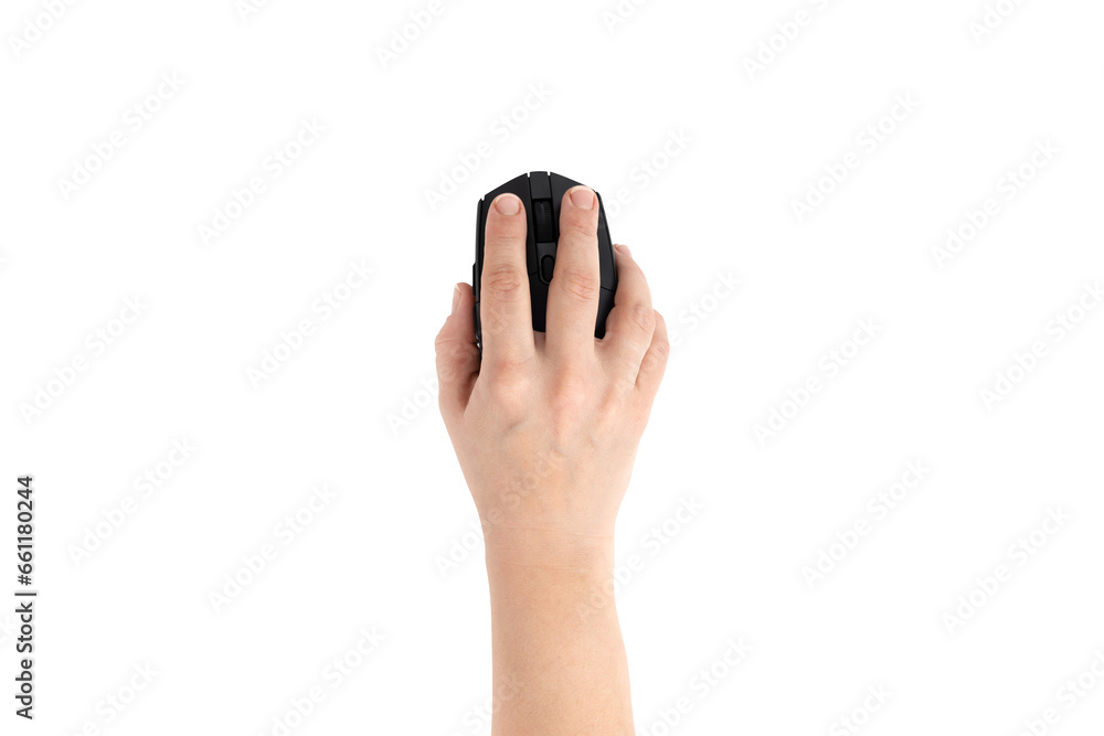 Poster computer mouse on a white background. wireless computer mouse in hand closeup isolated on white back