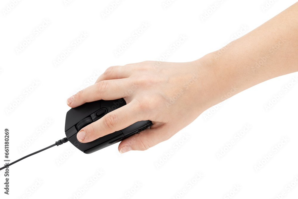Poster computer mouse on a white background. wired computer mouse in hand close-up isolated on white backgr