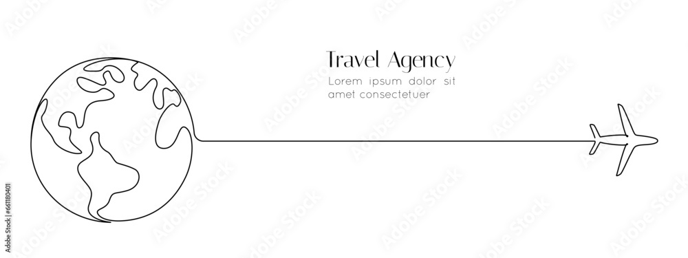 Poster one continuous line drawing of earth globe with airplane. flight route path on world map in simple l