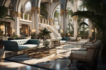 Luxury Hotel Lobby with International Guests - obrazy, fototapety, plakaty