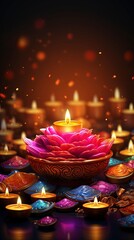 Obraz na płótnie Canvas Happy Diwali - festival of lights colorful banner template design with decorative diya lamp, generative ai