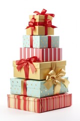 Obraz premium Stack of christmas gift boxes with ribbons isolated on white