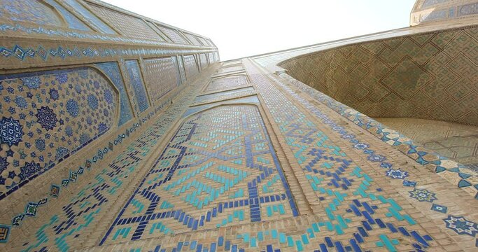 The Bibi-Khanym or Bibi-Hanim Mosque mosaic tiles, blue ornaments, Samarkand, Uzbekistan. - May 26, 2023