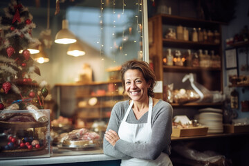 Happy small pastry shop owner, smiling proudly at her store. Cheerful female baker working at her shop - obrazy, fototapety, plakaty