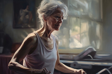 A watercolor painting of a senior woman working out in a gym with soft brushstrokes and pastel...