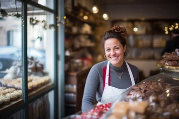Fotobehang Happy small pastry shop owner, smiling proudly at her store. Cheerful female baker working at her shop © Jasmina