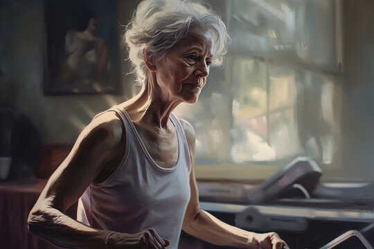 Fototapeta A watercolor painting of a senior woman working out in a gym with soft brushstrokes and pastel colors. Natural light highlights her dedication. Generative AI.