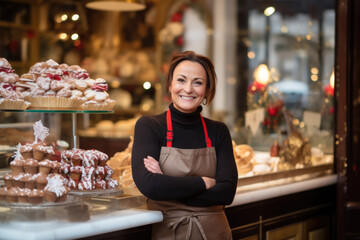 Happy small pastry shop owner, smiling proudly at her store. Cheerful female baker working at her shop