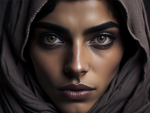 A striking portrait of a beautiful Arab woman, with a colorful headscarf and captivating gaze. Soft lighting enhances her features and creates a warm, intimate atmosphere. Generative AI, AI.