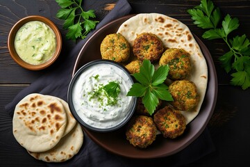 Falafel dish with pita bread and tzatziki sauce on table. Top view. Generative AI