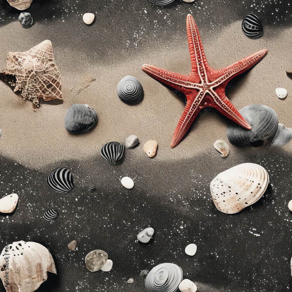 Wall mural Sea shells, fossils and mollusks repeat pattern. Summer beach background