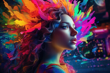 Beautiful woman in extremely vibrant and vibrant colors, creative and inspirational concept. Generative Ai, Ai.