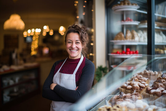 Happy Small Pastry Shop Owner, Smiling Proudly At Her Store. Cheerful Female Baker Working At Her Shop