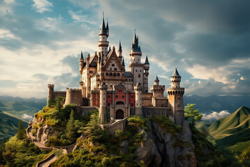 Fairy tale castle in the mountain created with Generative AI technology - obrazy, fototapety, plakaty