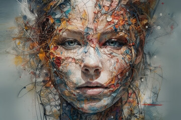 An abstract representation of a woman's face crafted from paper pieces and discarded materials, showcasing the beauty of recycling and transforming waste into art.. Generative Ai, Ai.