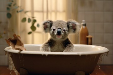 Cute little koala enjoying bath in tub. Generative AI