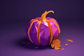 Low poly pumpkin 3D rendering on purple background. Generative AI