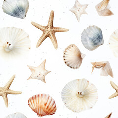 Sea shells, fossils and mollusks repeat pattern. Summer beach cartoon background