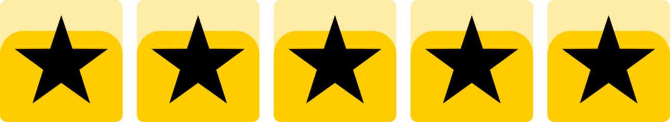 Golden Yellow Black Five 5 Stars in Soft Square Icon Quality Review Symbol with 3D Style Shiny Effect. Vector Image.