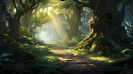 Fototapeten Enchanting Forest Path Through Dense Lush Greenery - Stock Illustration © Maxim