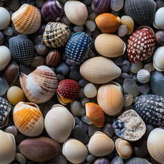 Sea shells, fossils and mollusks repeat pattern. Summer beach background