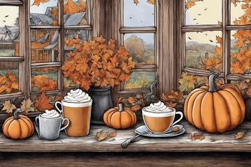 Foto op Canvas decoration for halloween holiday, still life, a cup of hot latte and pumpkins on a windowsill, beautiful autumn landscape outside the window, rural, festive background © soleg