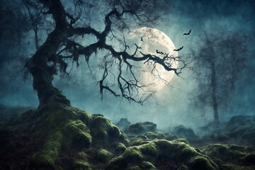mystical forest on Halloween night, bats on the background of a big full moon in the dark sky, a glade with moss, roots, atmospheric and fairytale