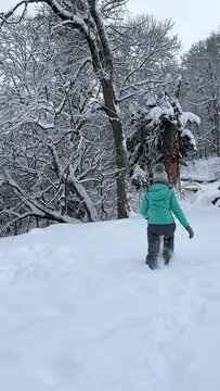 Young woman slowly walking on snowdrifts in winter forest through alley of trees in white snowy winter day at park after blizzard. Spending time alone in nature. Peaceful atmosphere. Back view.