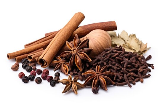 Spices for mulled wine on white background