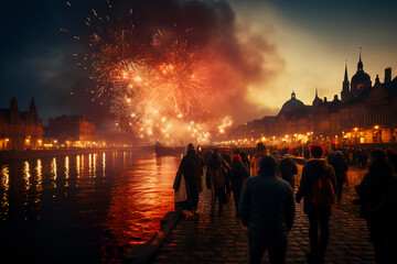 Fototapeta na wymiar People watching fireworks in the new year