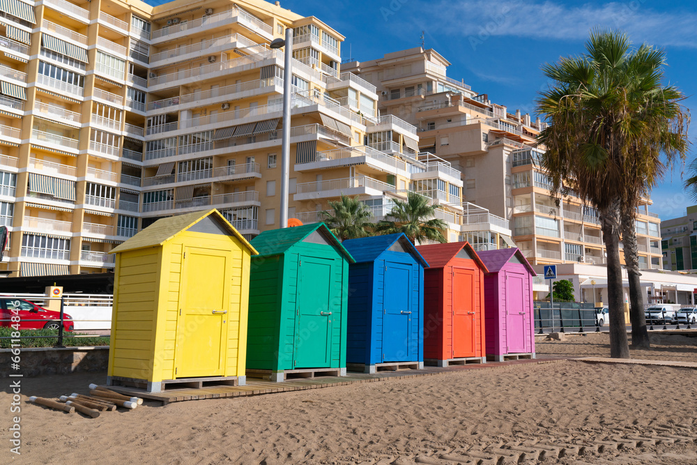 Wall mural colourful beach huts oropesa del mar castellon costa del azahar, spain near benicassim